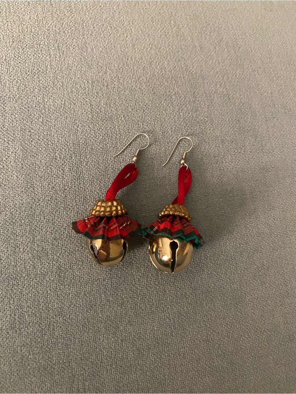 Vintage Christmas Jingle Bell Dangle Earrings Plaid Ruffle Tartan Holiday Kitsch